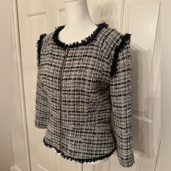 MILLY Black and White Plaid Fringe Houndstooth Wool Blazer Size 6 - Picture 2 of 11